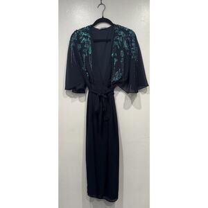 Hope & Ivy Brittany Embellished Navy Blue Wrap Midi Dress Sequin Evening Glam